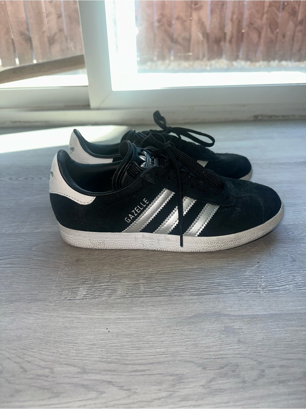 adidas Black Suede Gazelle Sneakers with White Heel and Silver Stripes